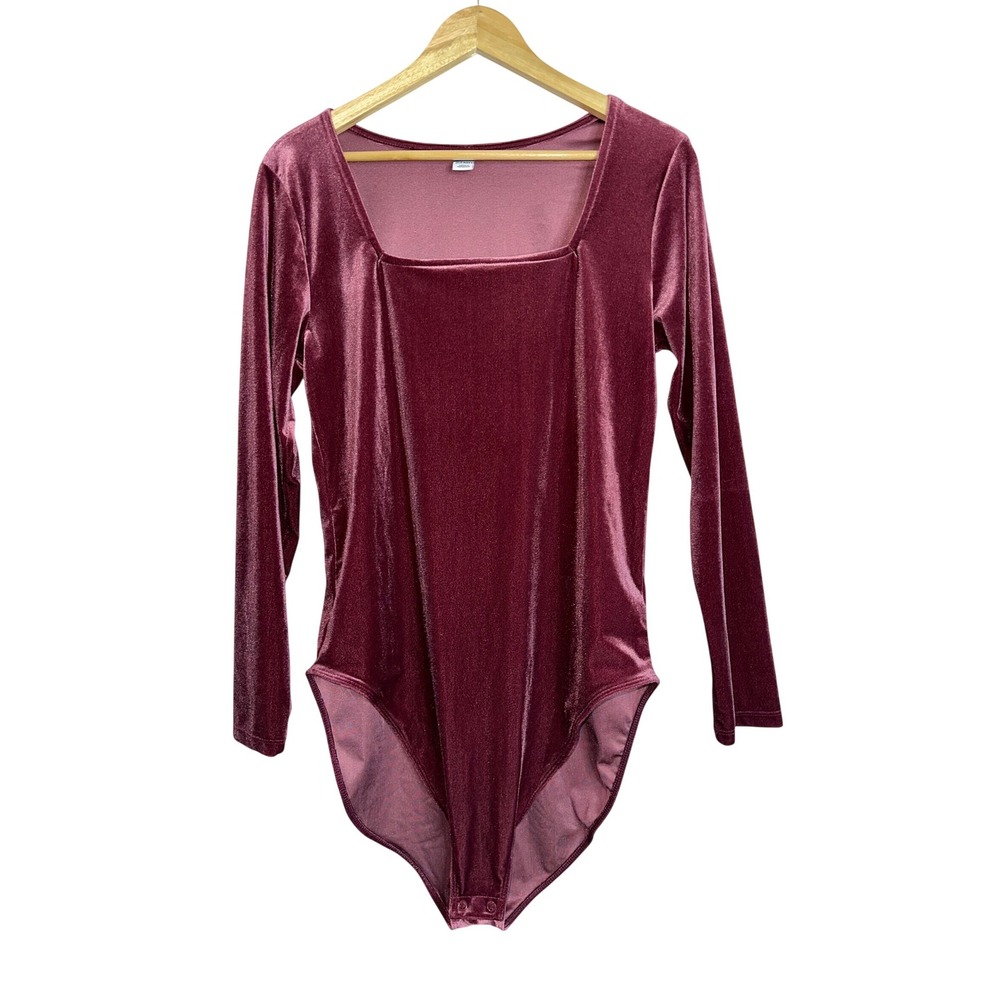 Old Navy Womens XL Velvet Velour Bodysuit Long Sleeve Square Neck Plum Purple